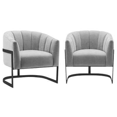 Kit 2 Poltronas Decorativas Sala De Estar Recepção Mavie Base De Ferro Preto Linho Cinza Claro