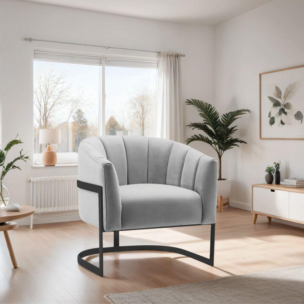 Poltrona De ativa Sala De Estar Mavie Base De Ferro Preto Linho Móveis Cinza Claro - 2