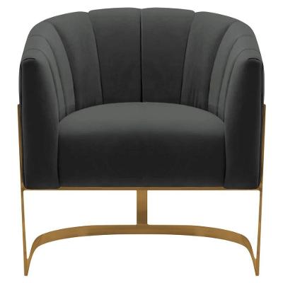 Poltrona Decorativa Sala De Estar Recepção Mavie Base De Ferro Dourado Suede Cinza Escuro
