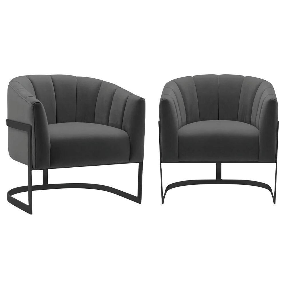 Kit 2 Poltronas Decorativas Sala De Estar Recepção Mavie Base De Ferro Preto Linho Adj Decor Cinza Escuro - 1