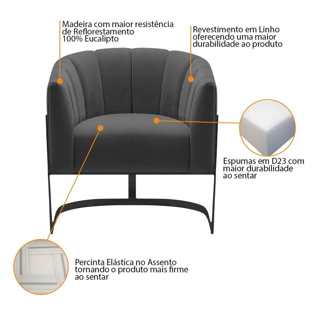 Kit 2 Poltronas Decorativas Sala De Estar Recepção Mavie Base De Ferro Preto Linho Adj Decor Cinza Escuro - 8
