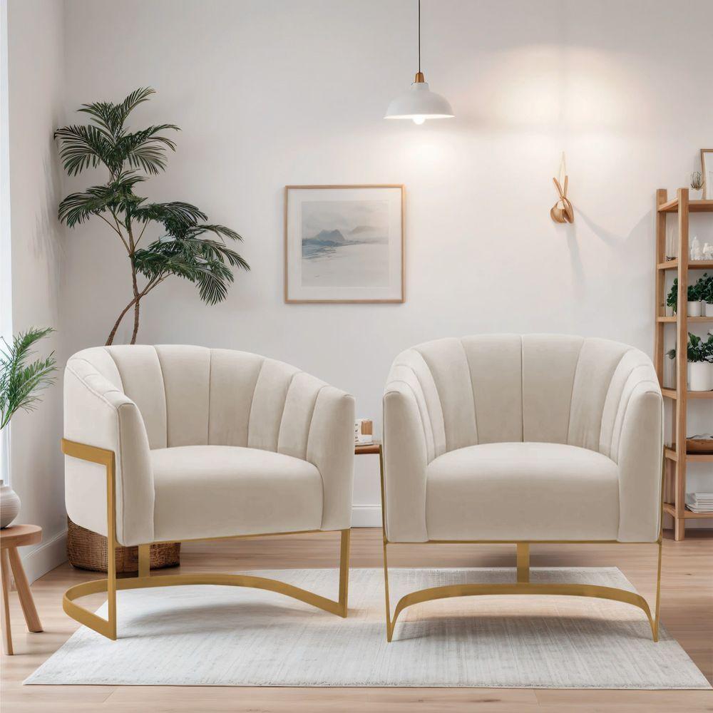 Kit 2 Poltronas De ativas Sala De Estar Mavie Base De Ferro Dourado Linho Móveis Bege - 1