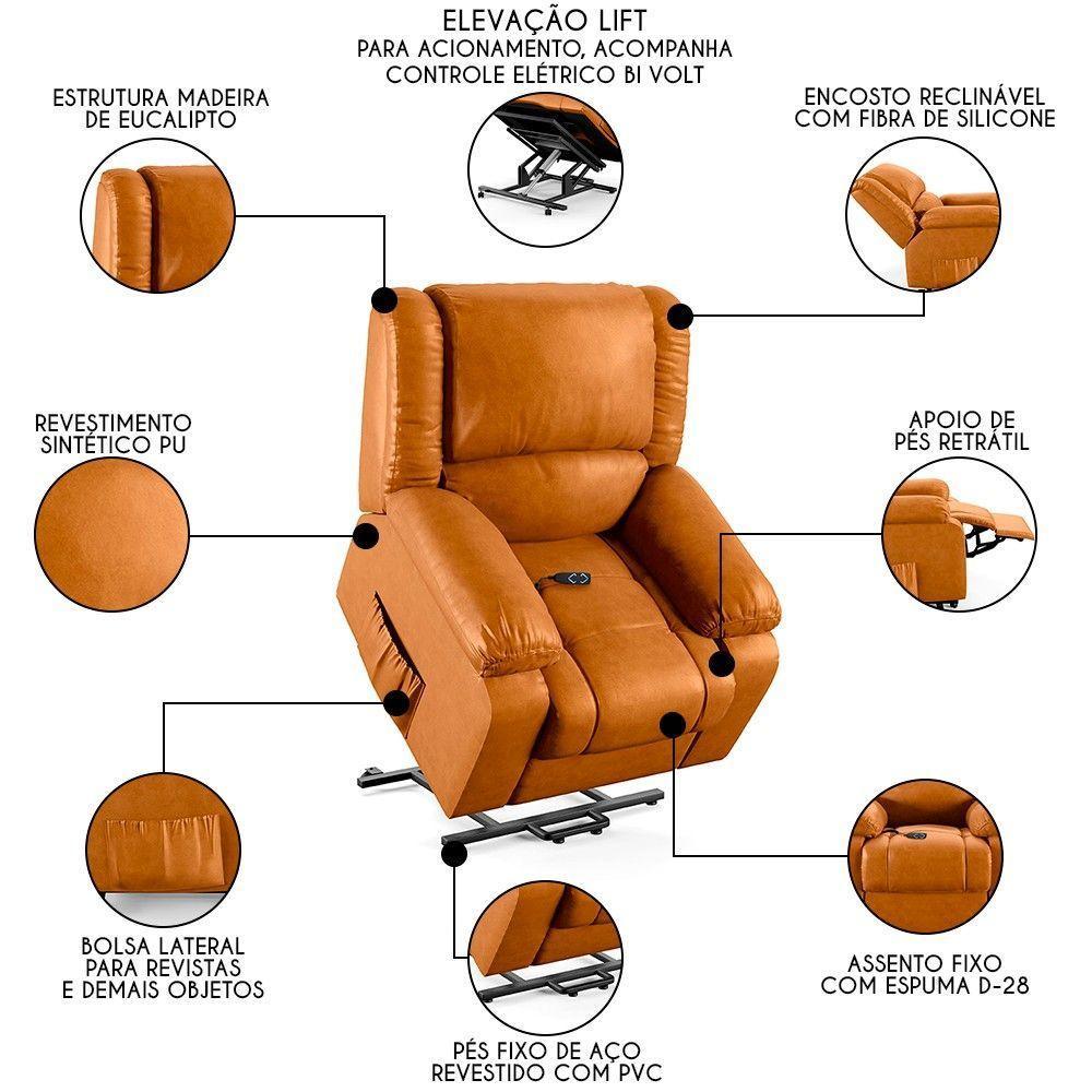 Poltrona Do Papai Reclinável Pietra Elevação Lift Elétrico Fh9 Pu Whisky Mpozenato - 7