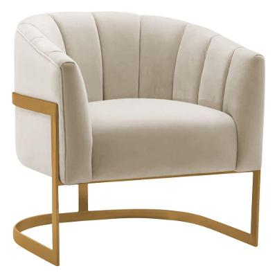 Poltrona Decorativa Sala De Estar Recepção Mavie Base De Ferro Dourado Bouclé Adj Decor Bege