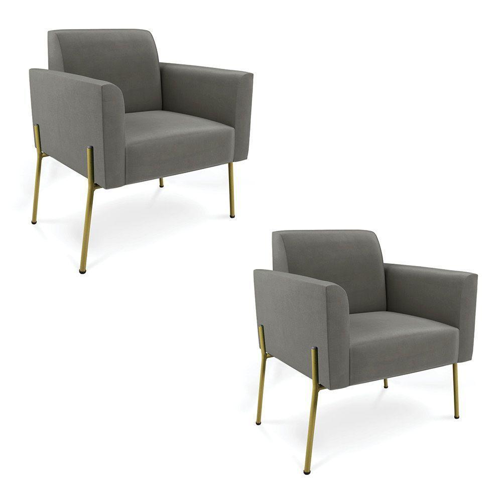 Poltrona Pé De Ferro Dourado Decorativa Kit 2 Marisa Suede D03 Grafite - 1