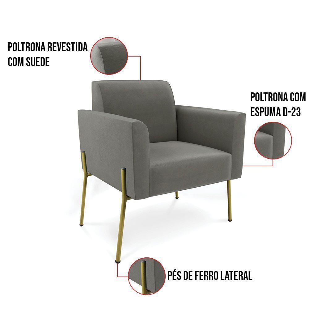 Poltrona Pé De Ferro Dourado Decorativa Kit 2 Marisa Suede D03 Grafite - 5
