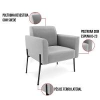 Poltrona Pé De Ferro Preto Para Sala Kit 2 Marisa Suede D03 - D'rossi Cor Cinza - 5