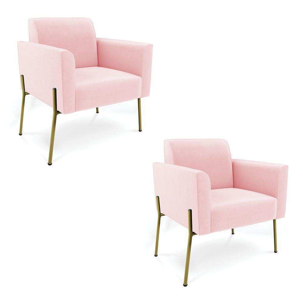 Poltrona Pé De Ferro Dourado Decorativa Kit 2 Marisa Suede D03 Rosa Bebê - 1