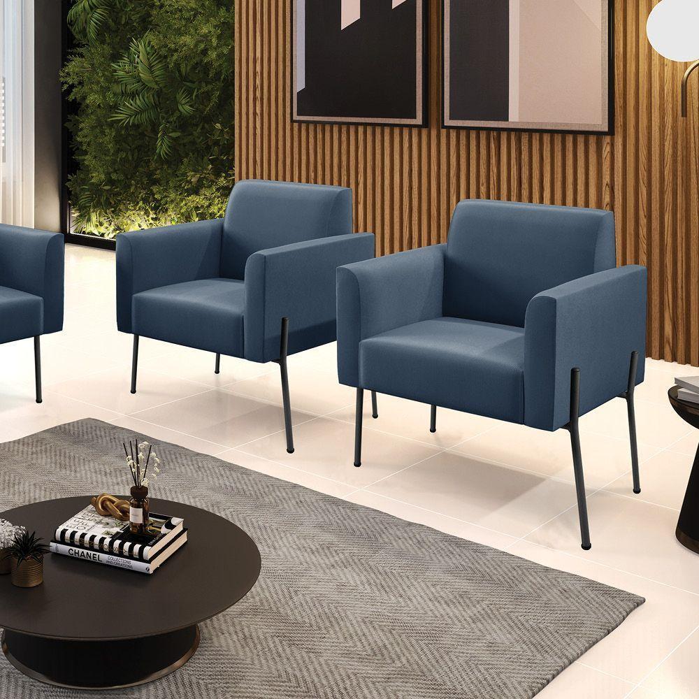 Poltrona Pé De Ferro Preto Para Sala Kit 2 Marisa Suede D03 - D'rossi Cor Azul Marinho - 6