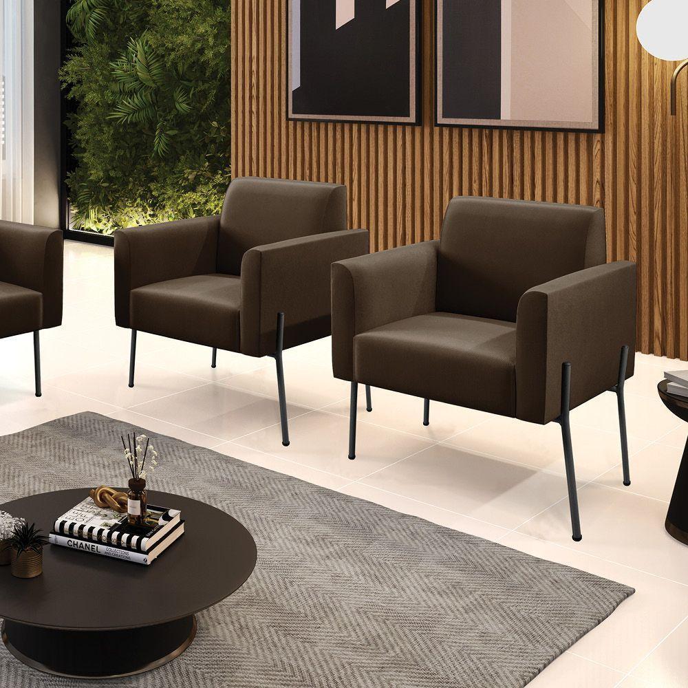 Poltrona Pé De Ferro Preto Para Sala Kit 2 Marisa Suede D03 - D'rossi Cor Marrom - 2