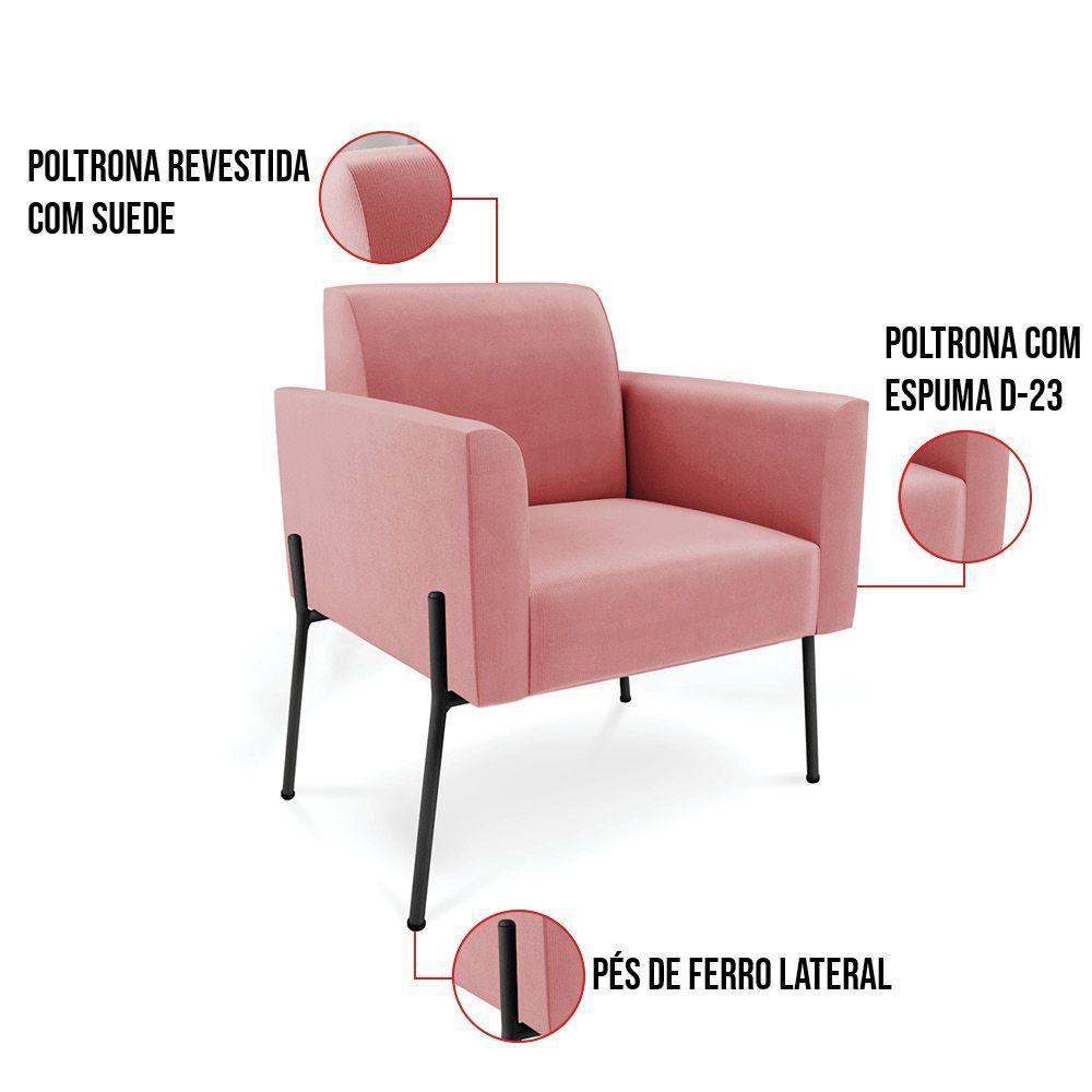 Poltrona Pé De Ferro Preto Para Sala Kit 2 Marisa Suede Rosê D03 - D'rossi - 5