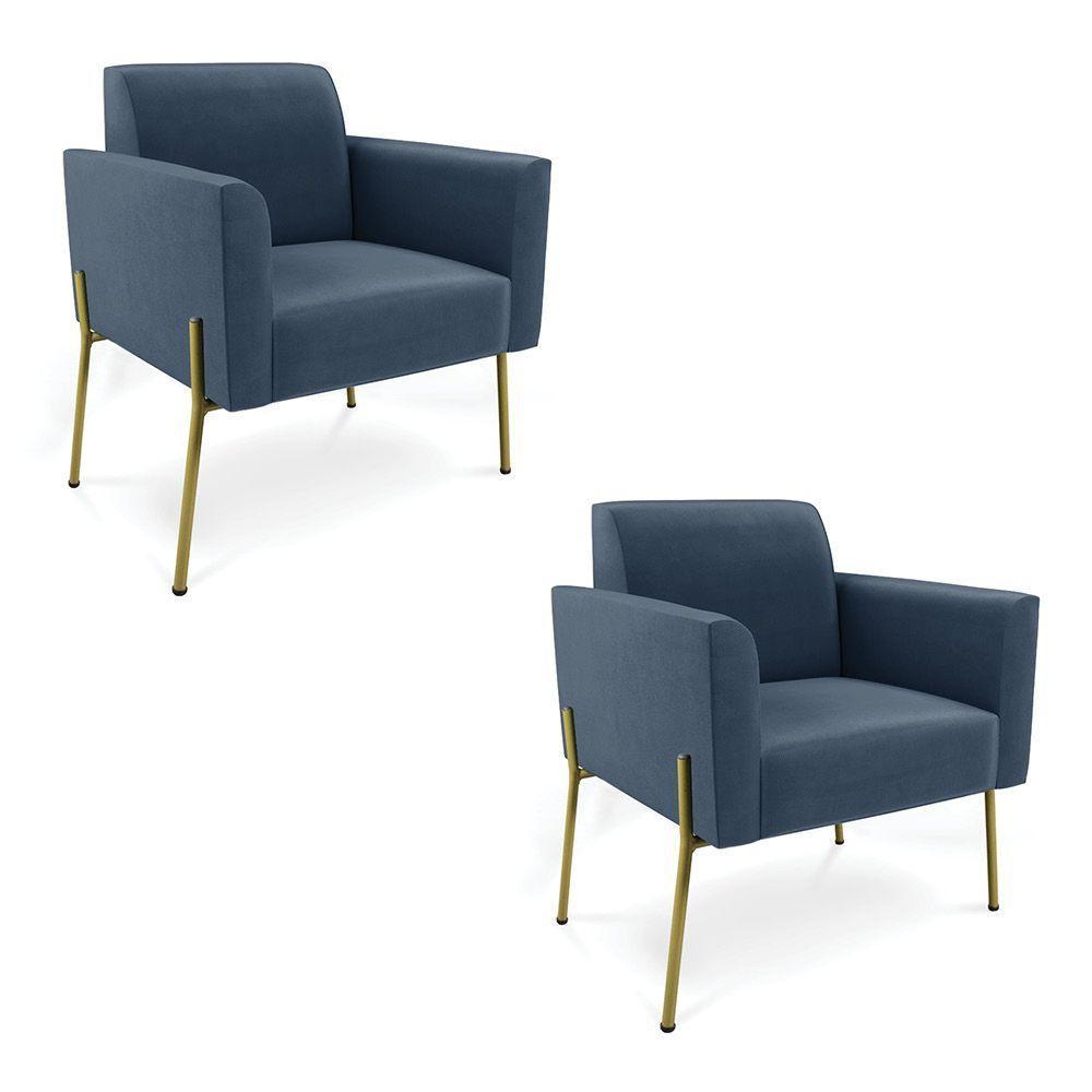 Poltrona Pé De Ferro Dourado Decorativa Kit 2 Marisa Suede D03 Azul Marinho - 1