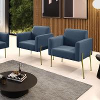 Poltrona Pé De Ferro Dourado Decorativa Kit 2 Marisa Suede D03 Azul Marinho - 6