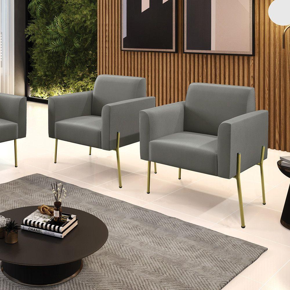 Poltrona Pé De Ferro Dourado Decorativa Kit 2 Marisa Suede Grafite D03 - 6