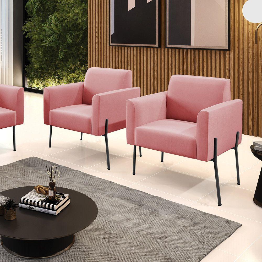 Poltrona Pé De Ferro Preto Para Sala Kit 2 Marisa Suede D03 - D'rossi Cor Rose - 6