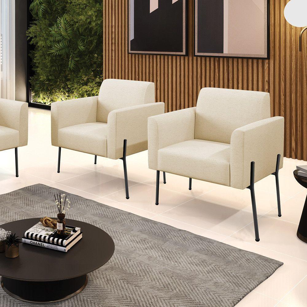 Poltrona Pé De Ferro Preto Kit 2 Decorativa Marisa Linho D03 - D'rossi Cor Bege - 6