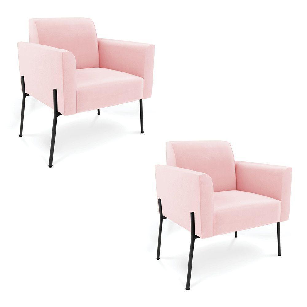 Poltrona Pé De Ferro Preto Para Sala Kit 2 Marisa Suede D03 - D'rossi Cor Rosa Bebê - 1