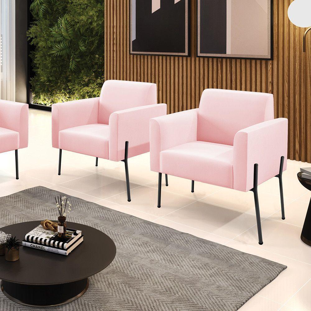 Poltrona Pé De Ferro Preto Para Sala Kit 2 Marisa Suede D03 - D'rossi Cor Rosa Bebê - 2