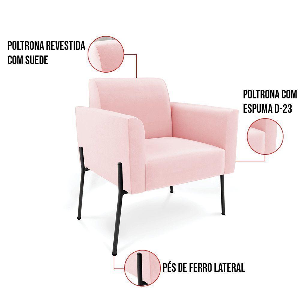Poltrona Pé De Ferro Preto Para Sala Kit 2 Marisa Suede D03 - D'rossi Cor Rosa Bebê - 6