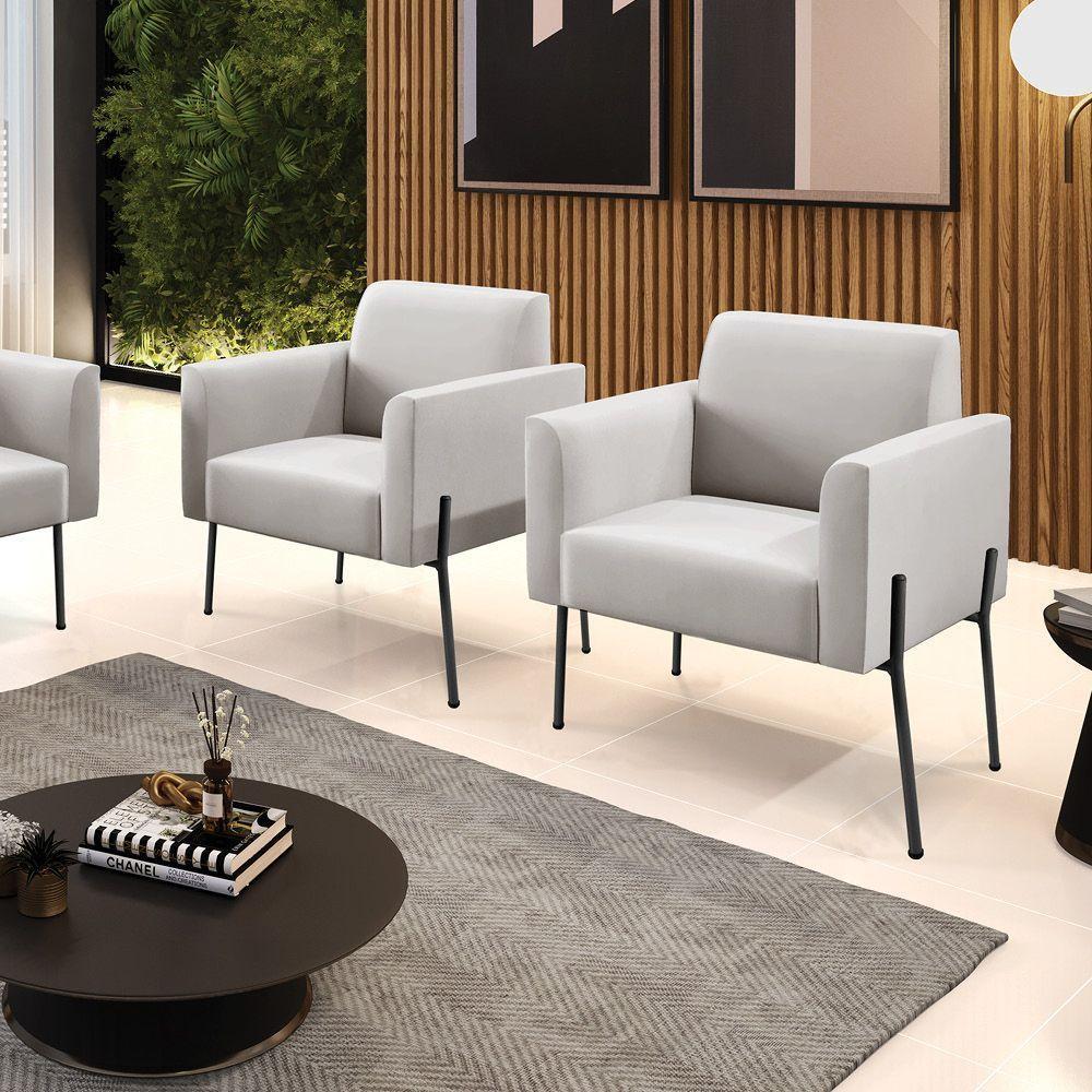 Poltrona Pé De Ferro Preto Para Sala Kit 2 Marisa Veludo D03 - D'rossi Cor Cinza - 6