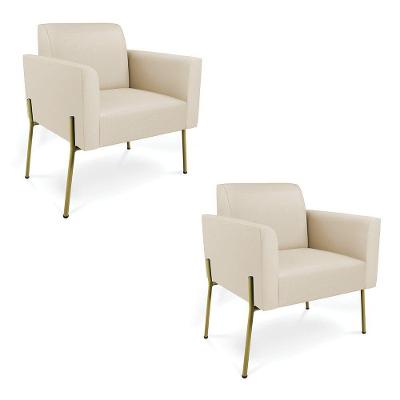 Poltrona Pé De Ferro Dourado Kit 2 Para Sala Marisa Corino D03 Bege