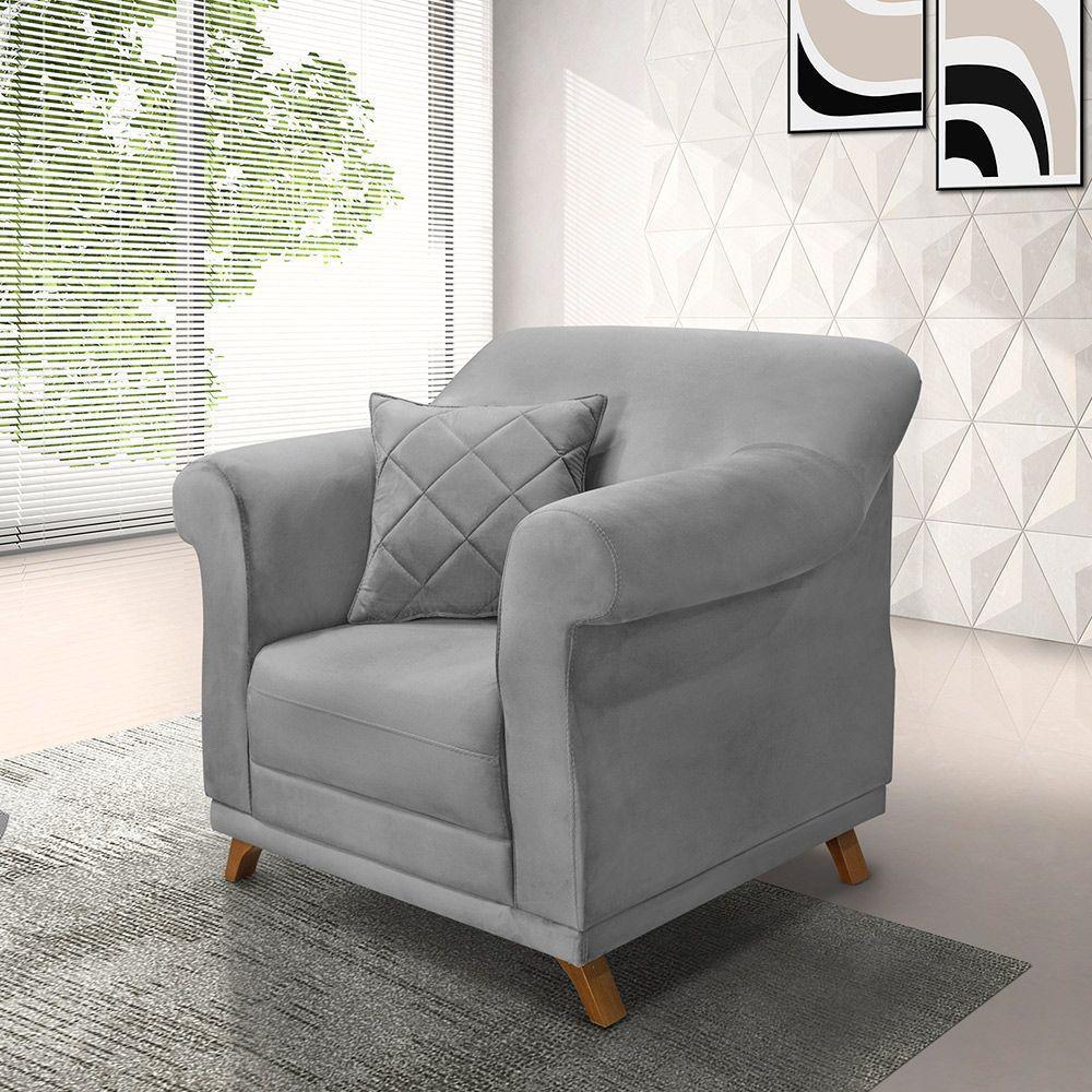 Poltrona Sala De Estar Pé De Madeira Julieta Veludo S04 - D'rossi Cor Cinza - 1