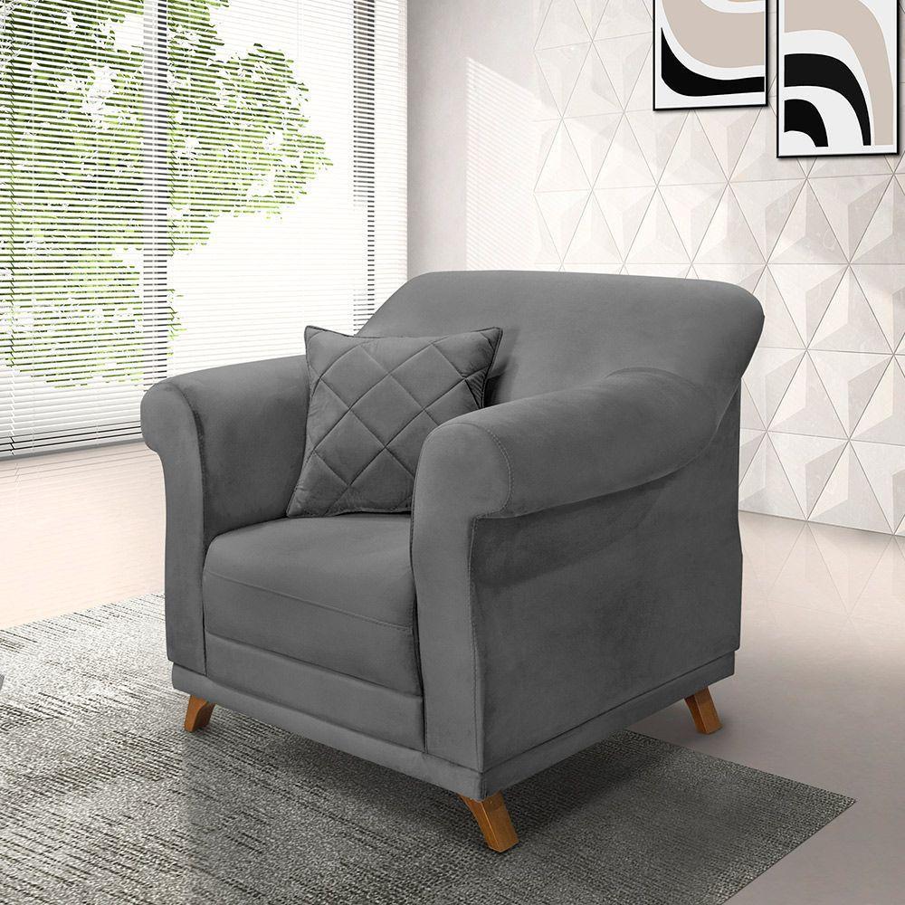 Poltrona Sala De Estar Pé De Madeira Julieta Suede S04 - D'rossi Cor Cinza - 3