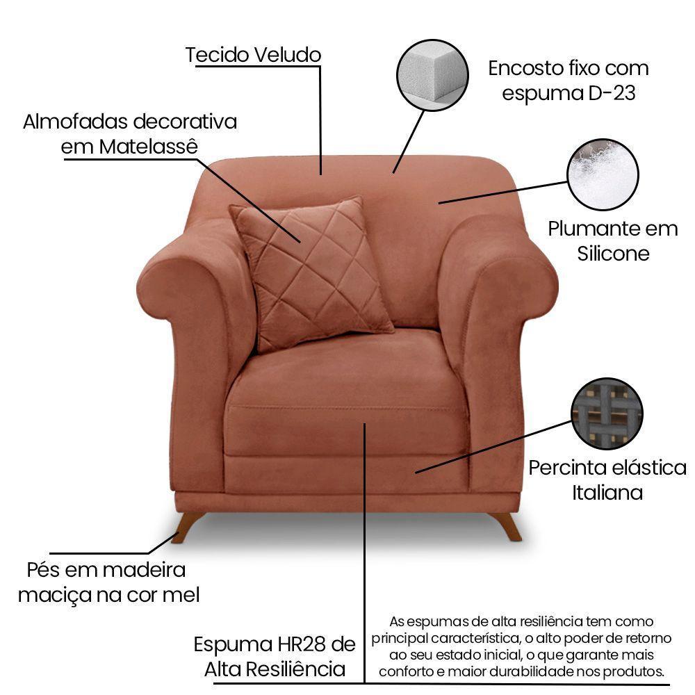 Poltrona Sala De Estar Pé De Madeira Julieta Veludo S04 - D'rossi Cor Cobre - 3