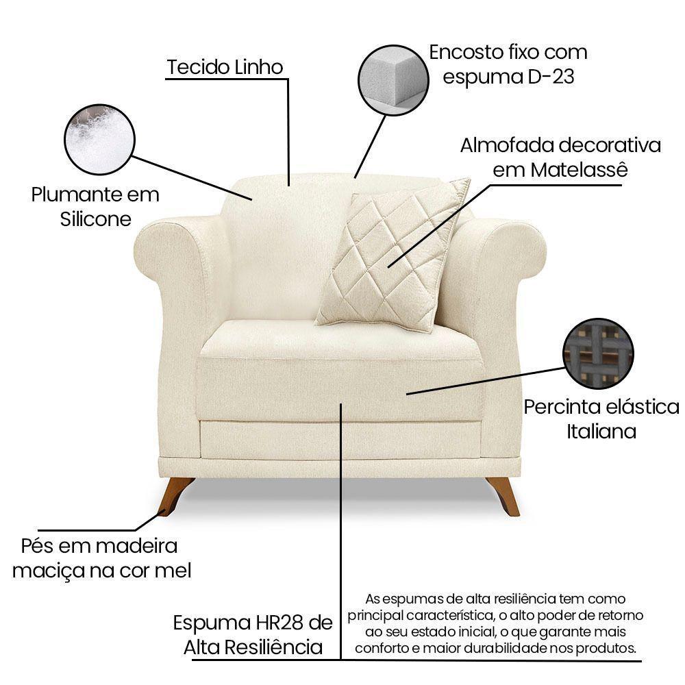 Poltrona Sala De Estar Pé De Madeira Julieta Linho Natural S04 - D'rossi - 3
