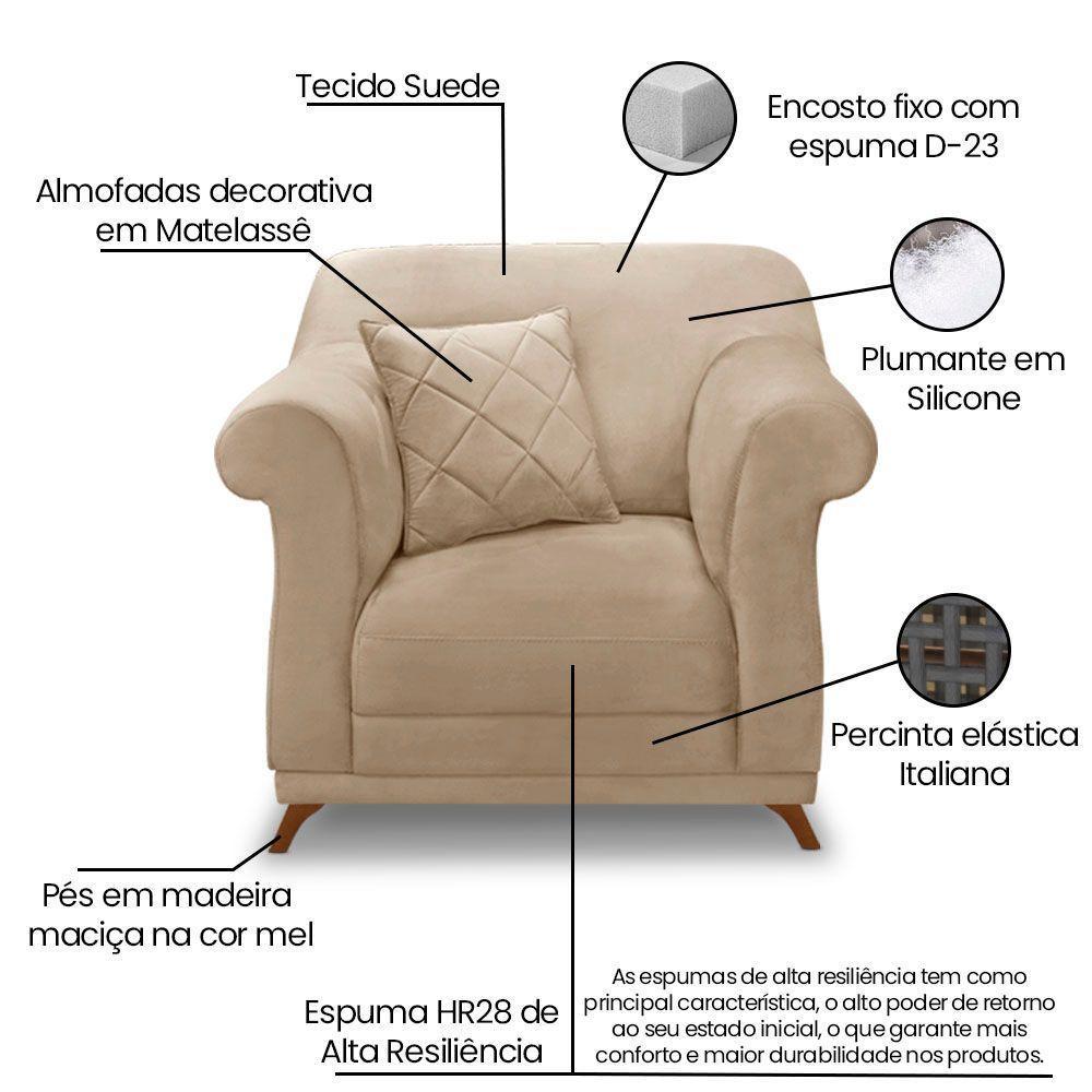 Poltrona Sala De Estar Pé De Madeira Julieta Suede S04 - D'rossi Cor Bege - 4