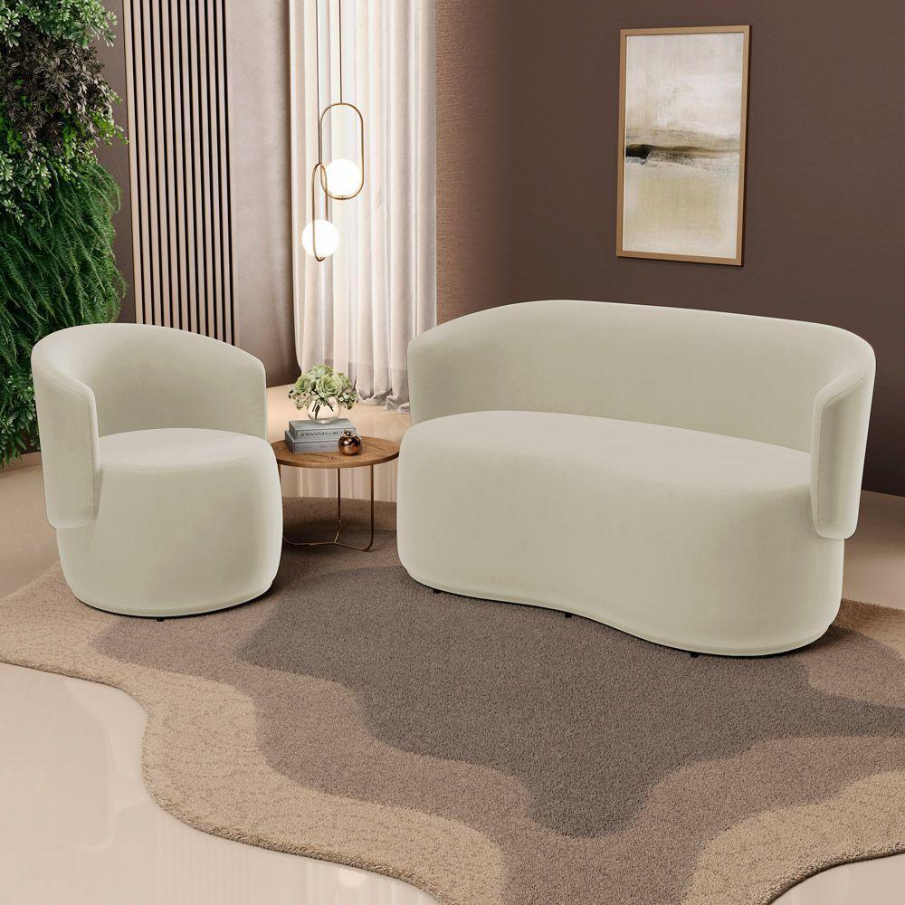 Kit 2 Poltronas E 1 Namoradeira Aisha Orgânica Suede Bege Claro - Desk Design - 2