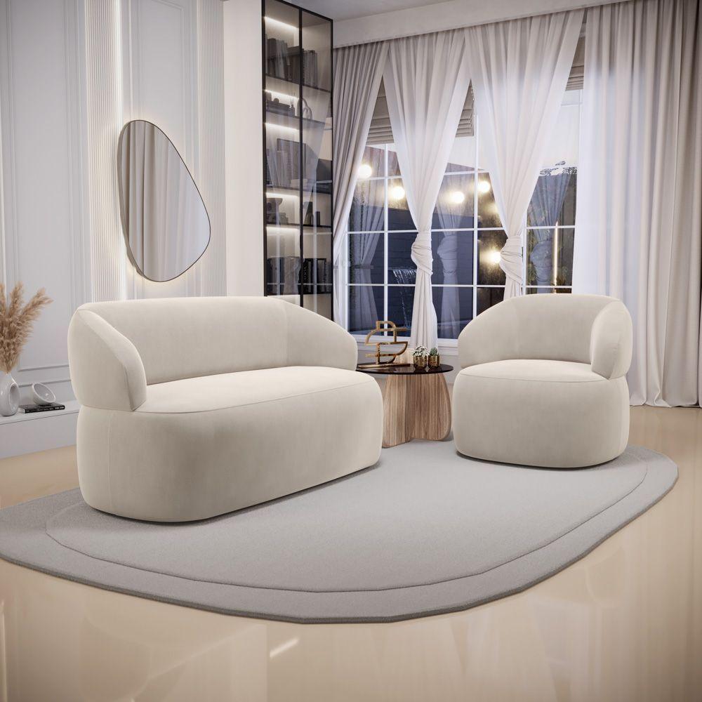 Kit Poltrona Giratória E Sofá Orgânico Living Glee 03 Lugares 170cm Veludo Bege - Desk Design - 2