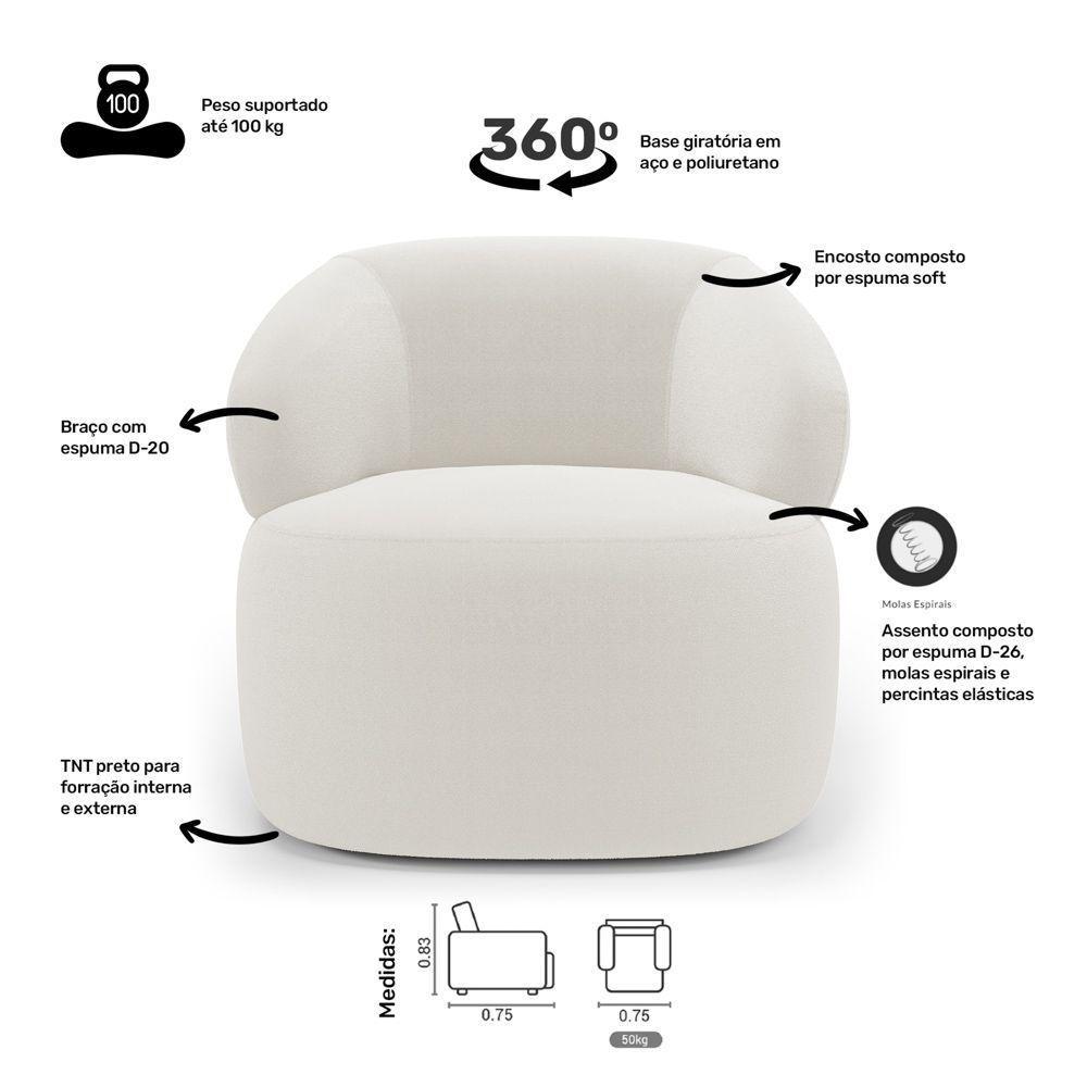 Kit Poltrona Giratória E Sofá Orgânico Living Glee 03 Lugares 170cm Bouclê Off White - Desk Design - 6