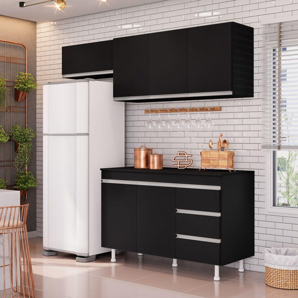 Cozinha Planejada Lux 3 Peças 100%mdf Com Balcão Gabinete Tampo 120cm 3 Gavetas Preto - Desk Design - 4