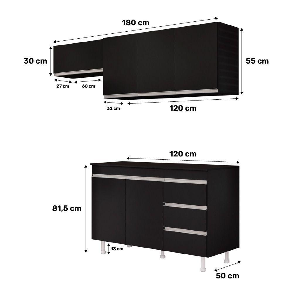 Cozinha Planejada Lux 3 Peças 100%mdf Com Balcão Gabinete Tampo 120cm 3 Gavetas Preto - Desk Design - 9