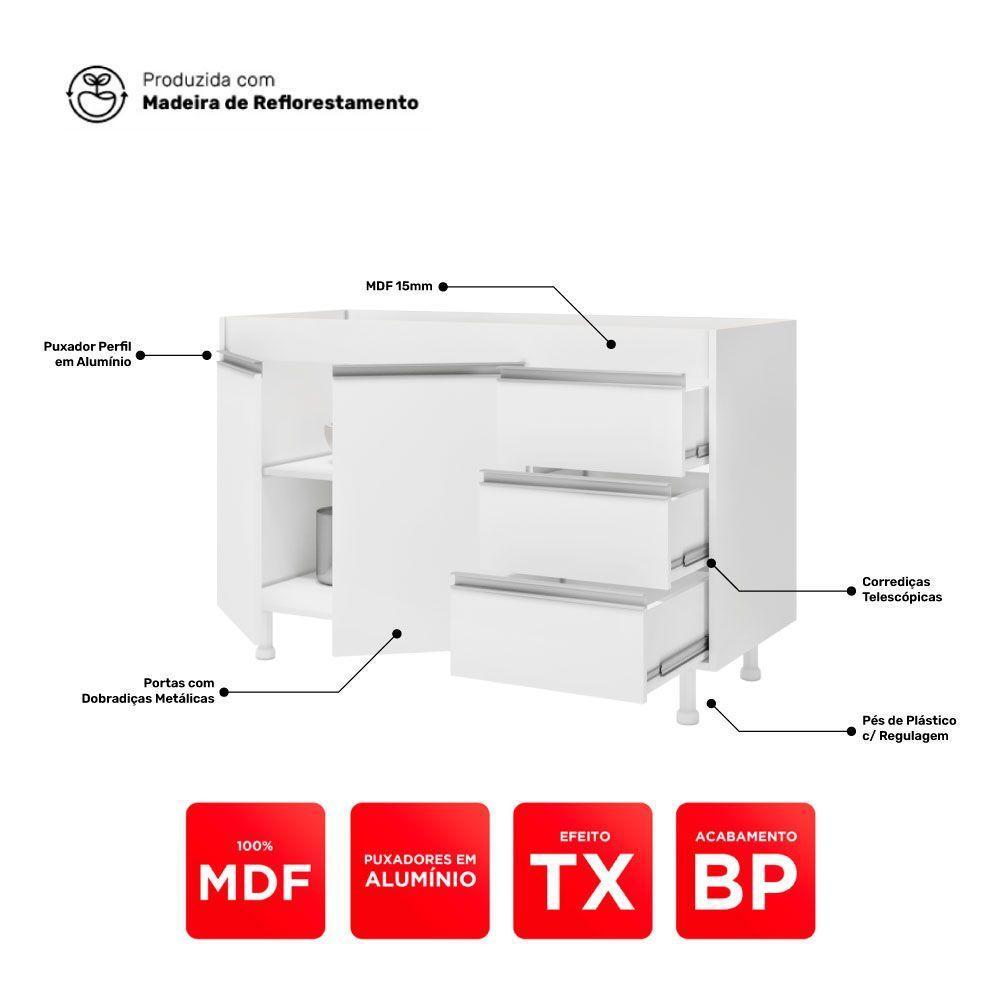 Cozinha Planejada Lux 3 Peças 100%mdf Balcão Gabinete Sem Tampo 119cm 3 Gavetas Branco - Desk Design - 9