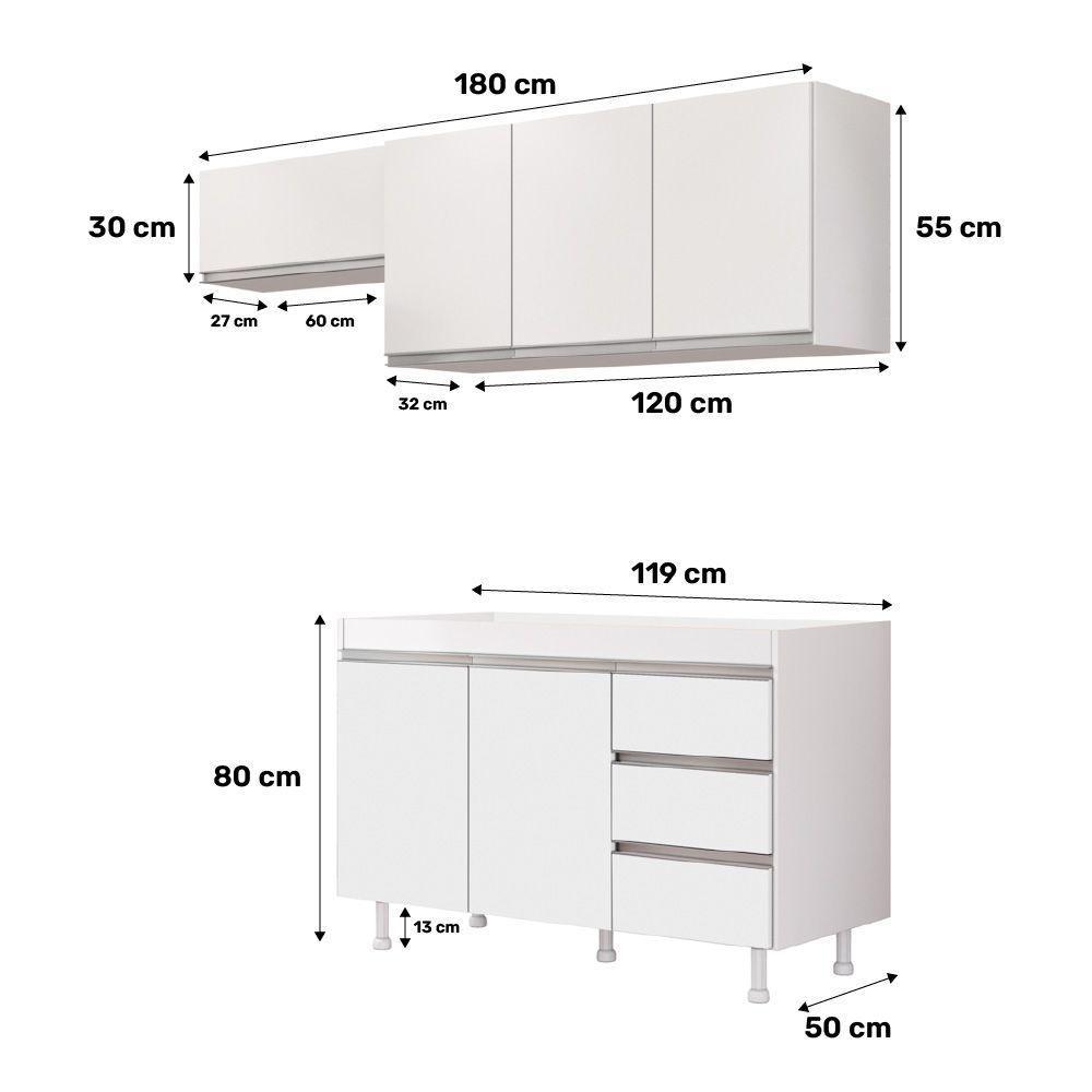 Cozinha Planejada Lux 3 Peças 100%mdf Balcão Gabinete Sem Tampo 119cm 3 Gavetas Branco - Desk Design - 10