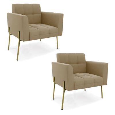 Poltrona Pé De Ferro Dourado Para Sala Kit 2 Elisa Suede Marrom Rato D03 - D'rossi