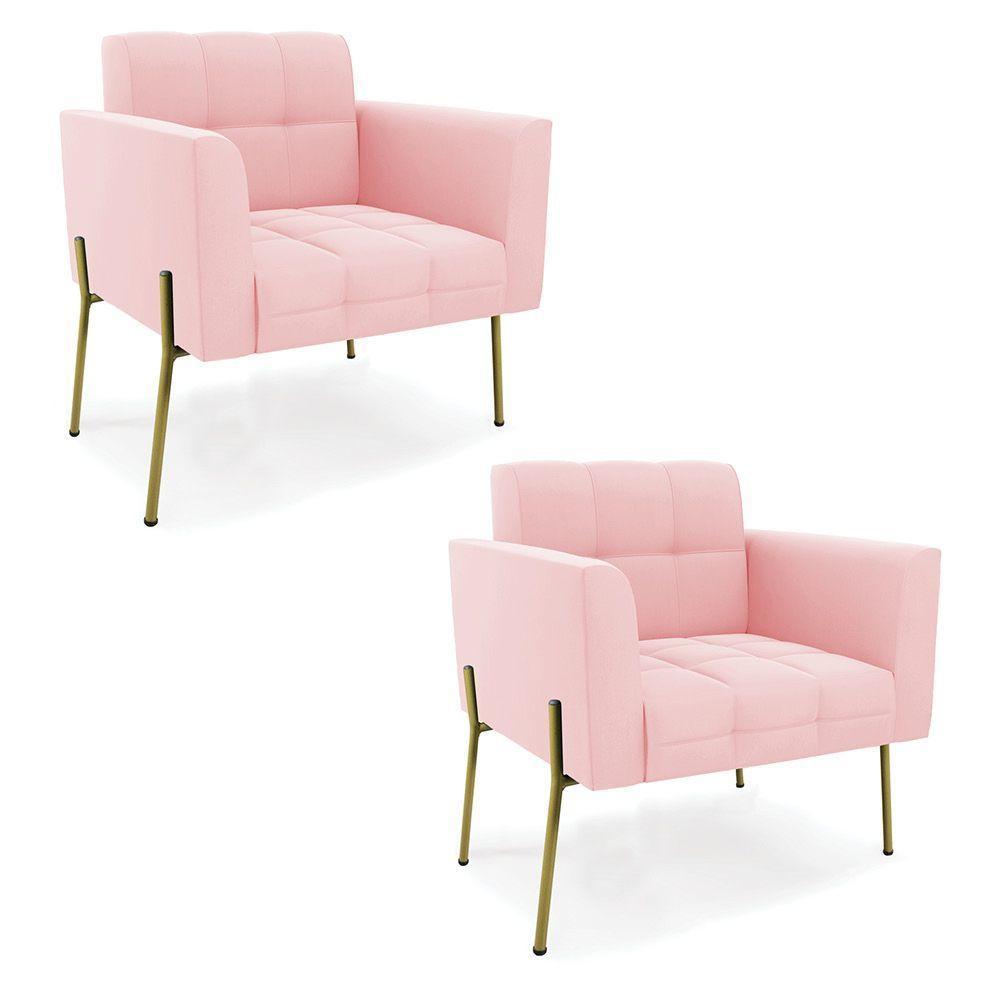 Poltrona Pé De Ferro Dourado Para Sala Kit 2 Elisa Suede Rosa Bebê D03 - D'rossi - 1