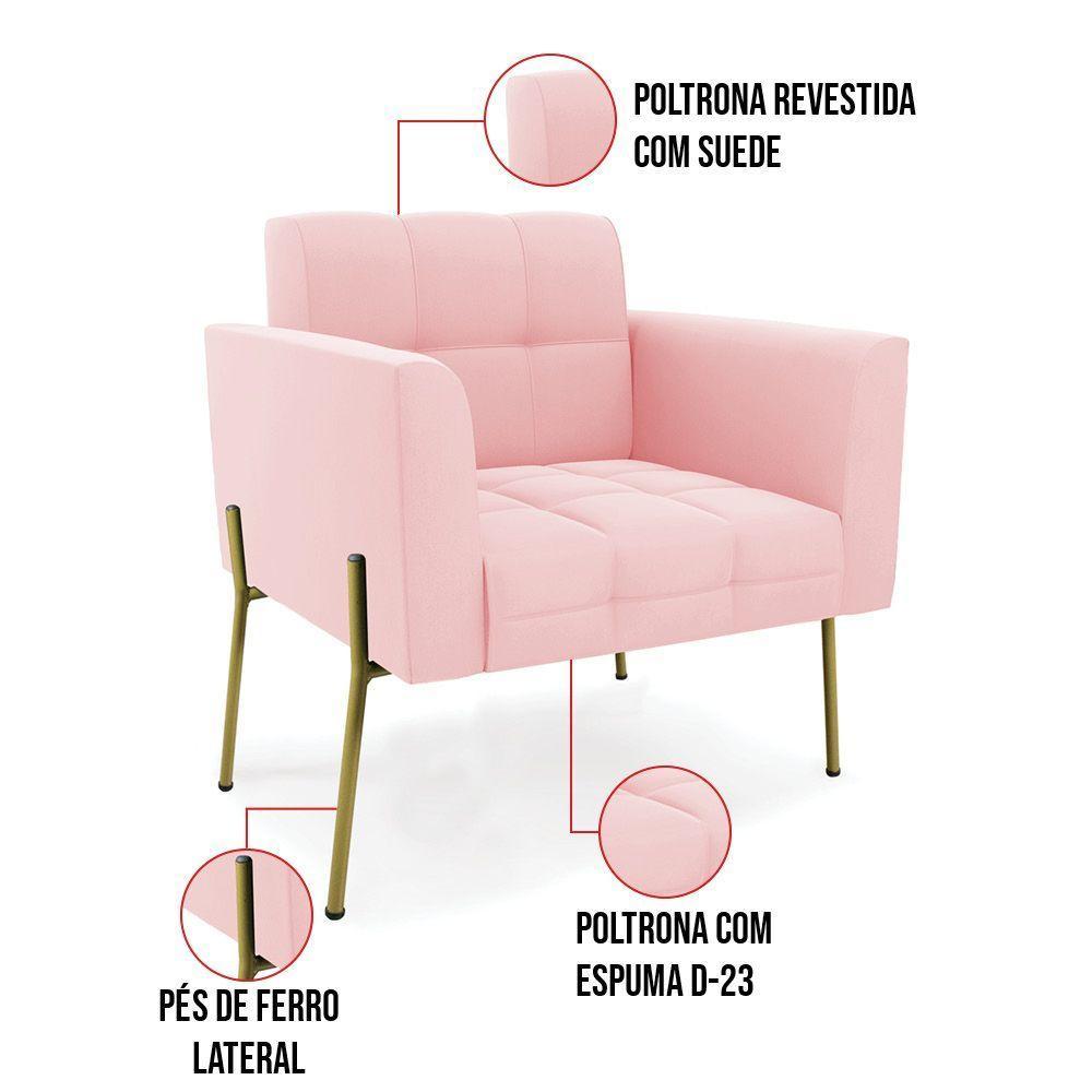Poltrona Pé De Ferro Dourado Para Sala Kit 2 Elisa Suede Rosa Bebê D03 - D'rossi - 3
