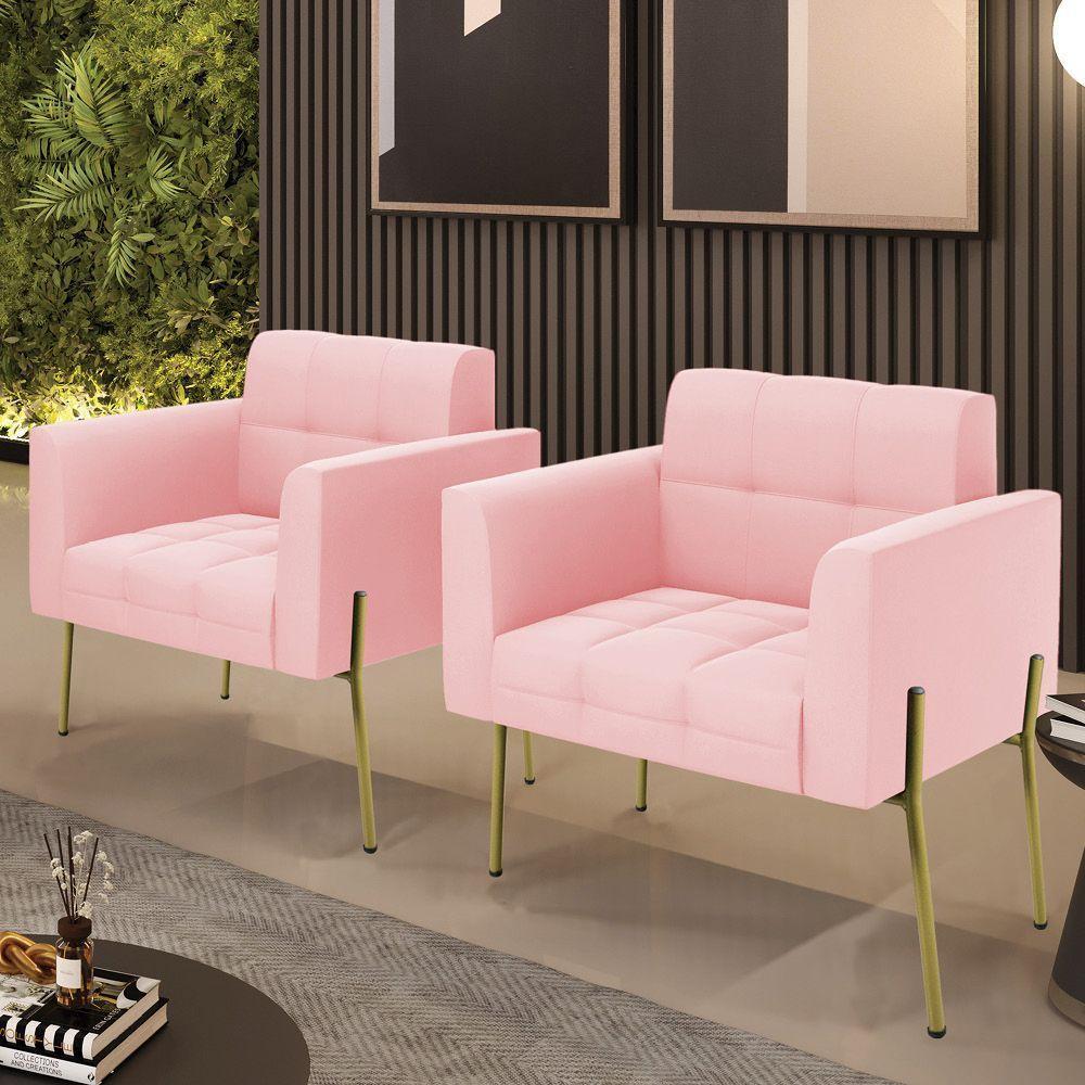 Poltrona Pé De Ferro Dourado Para Sala Kit 2 Elisa Suede Rosa Bebê D03 - D'rossi - 6