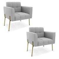 Poltrona Pé De Ferro Dourado Para Sala Kit 2 Elisa Suede Cinza D03 - D'rossi - 1