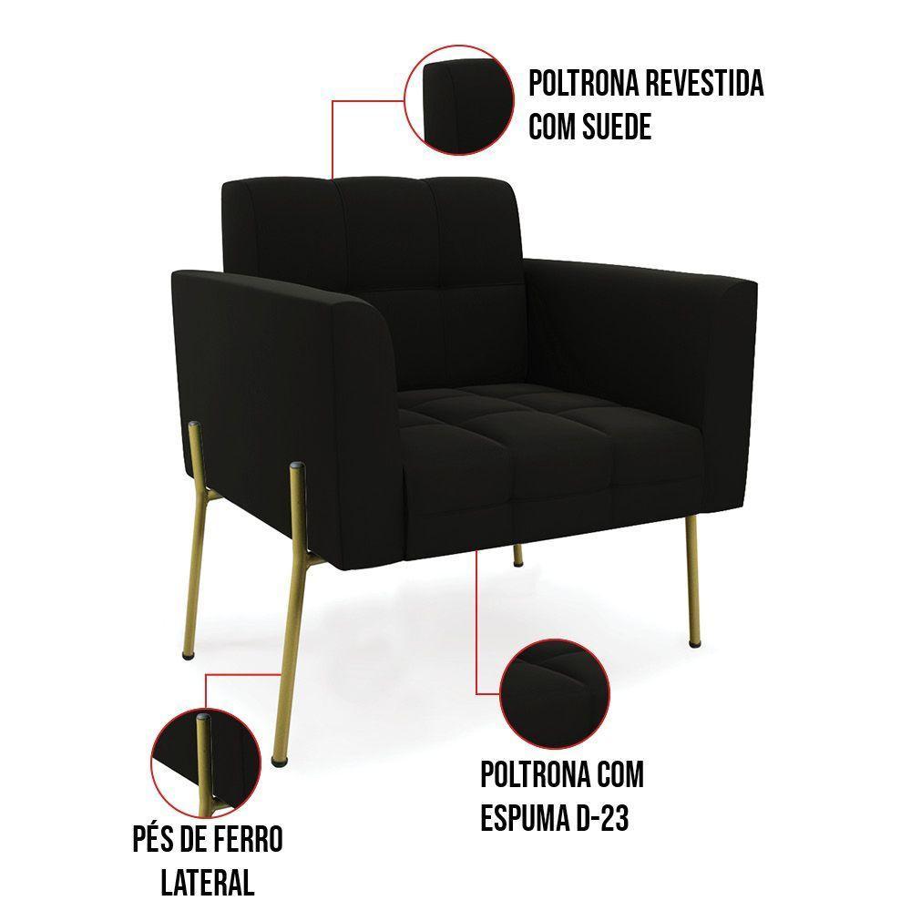Poltrona Pé De Ferro Dourado Para Sala Kit 2 Elisa Suede Preto D03 - D'rossi - 3