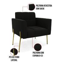 Poltrona Pé De Ferro Dourado Para Sala Kit 2 Elisa Suede Preto D03 - D'rossi - 3