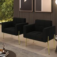 Poltrona Pé De Ferro Dourado Para Sala Kit 2 Elisa Suede Preto D03 - D'rossi - 6