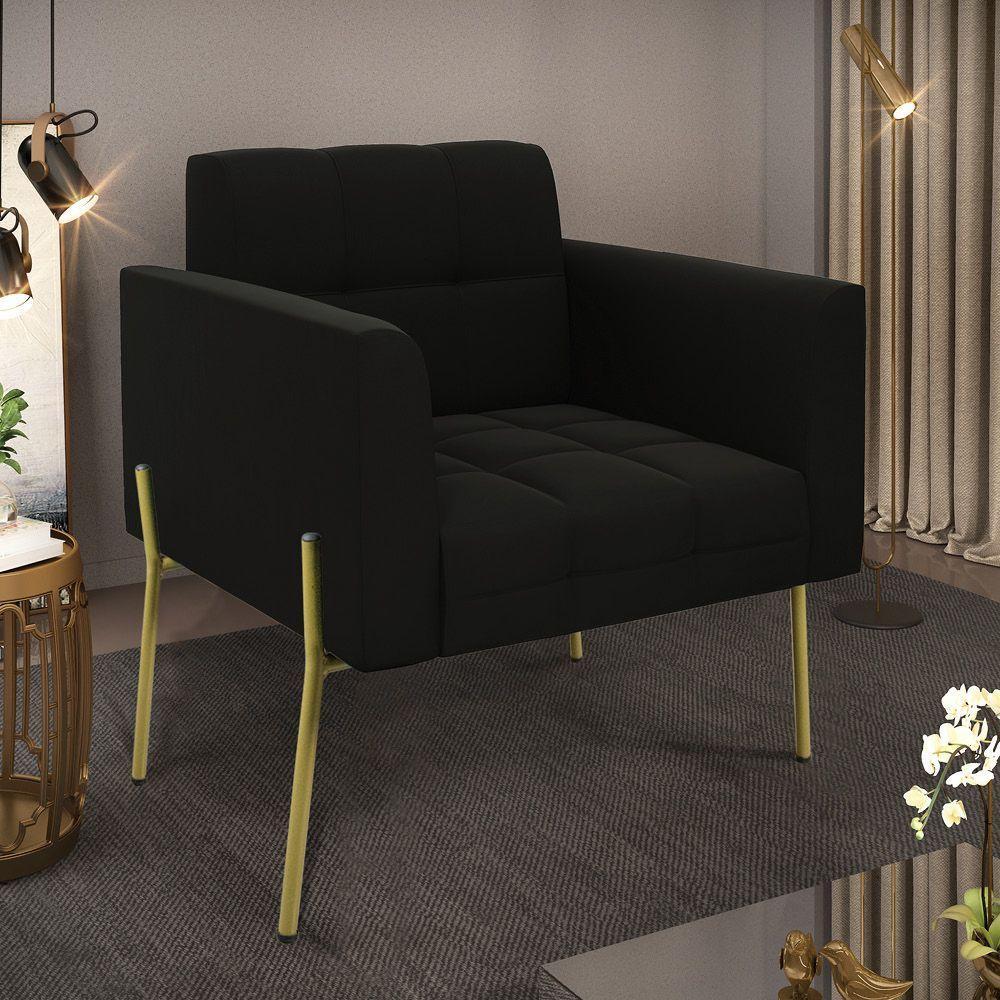 Poltrona Pé De Ferro Dourado Para Sala Elisa Suede Preto D03 - D'rossi - 6
