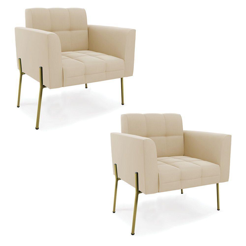 Poltrona Pé De Ferro Dourado Para Sala Kit 2 Elisa Suede Bege D03 - D'rossi - 1