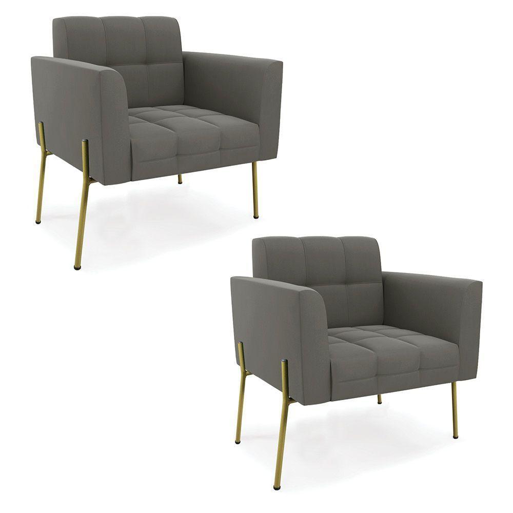 Poltrona Pé De Ferro Dourado Para Sala Kit 2 Elisa Suede Grafite D03 - D'rossi - 1