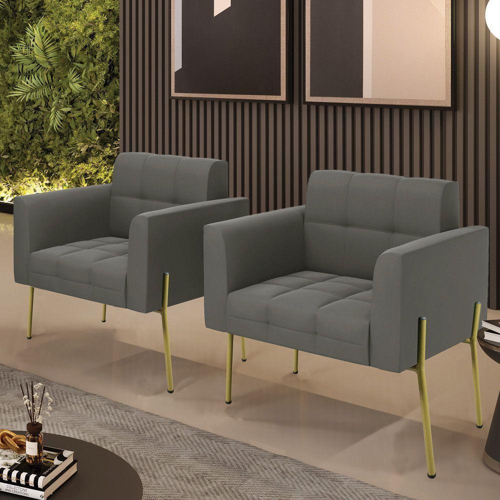 Poltrona Pé De Ferro Dourado Para Sala Kit 2 Elisa Suede Grafite D03 - D'rossi - 6