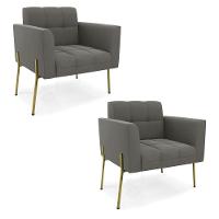 Poltrona Pé De Ferro Dourado Para Sala Kit 2 Elisa Suede Grafite D03 - D'rossi - 1